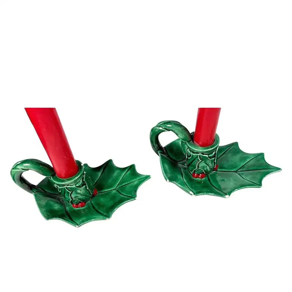 Vintage Lefton Green Holly Berry Ceramic Sleigh Candy Dish and Candle Holder Set
